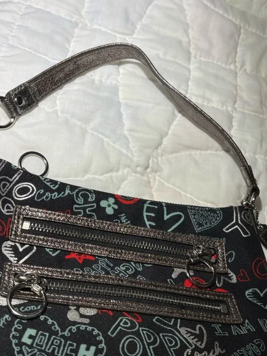 Coach Black Poppy Print Shoulder Bag or Wristlet with Metallic Trim - Picture 3 of 16